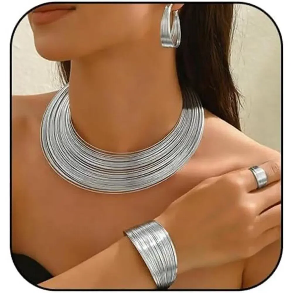 Silver African Jewelry Set– Chunky Hoop Earrings & Choker Ethnic Statement Set